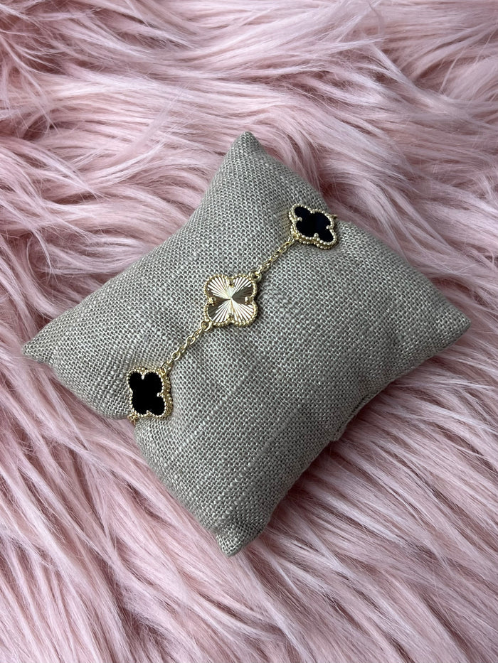 Black Enamel and Gold Clover Bracelet