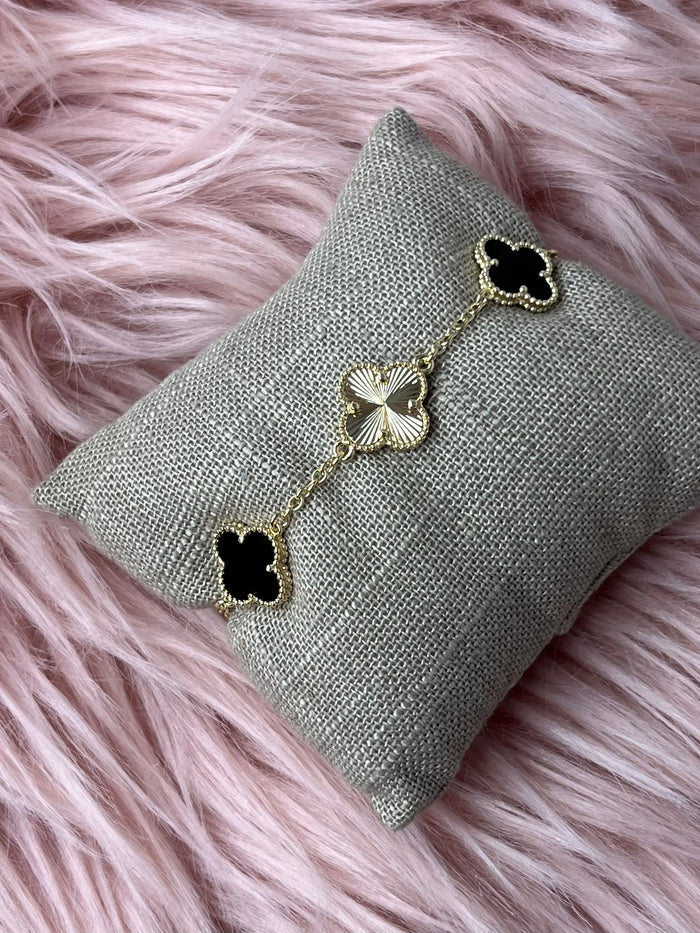 Black Enamel and Gold Clover Bracelet