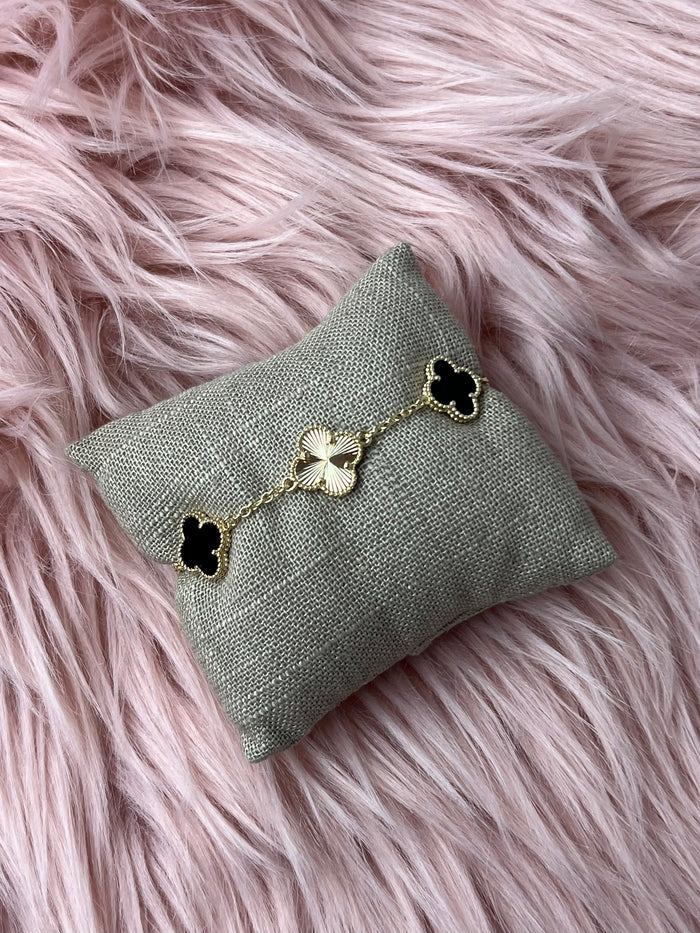 Black Enamel and Gold Clover Bracelet