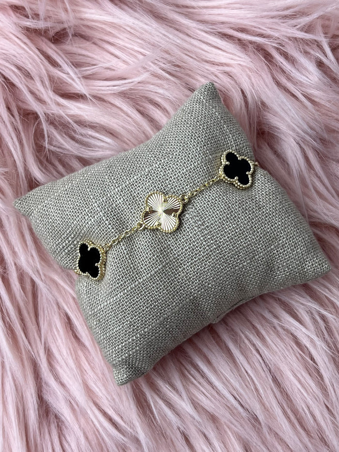 Black Enamel and Gold Clover Bracelet