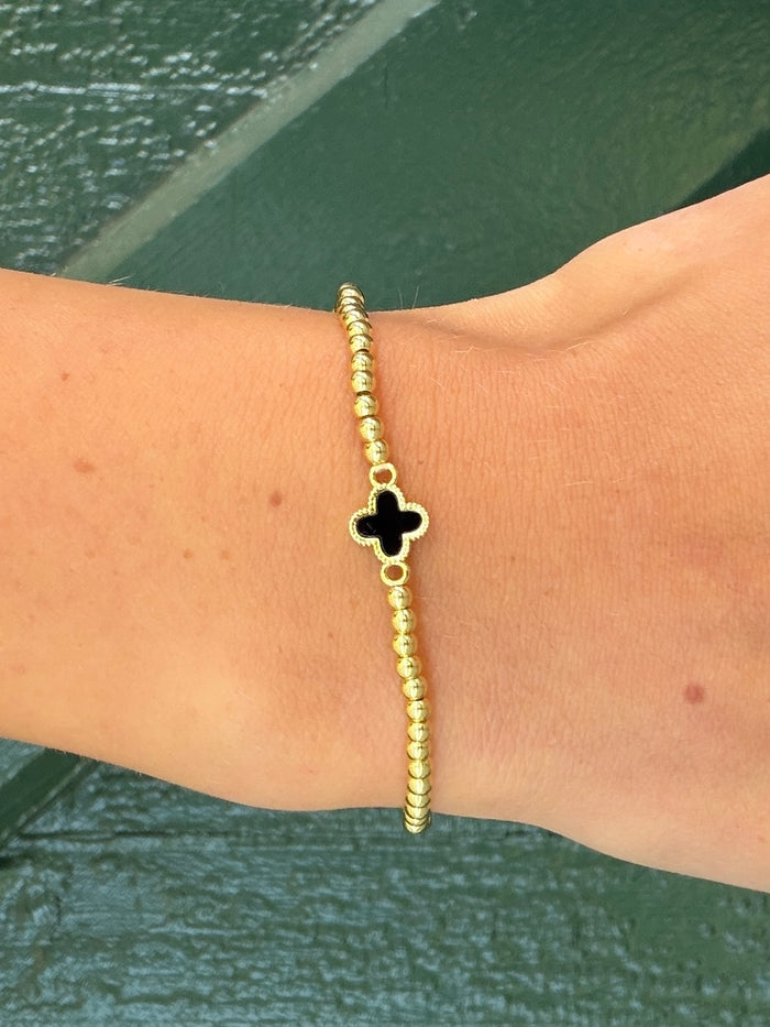Black Enamel Clover Stretch Ball Bracelet