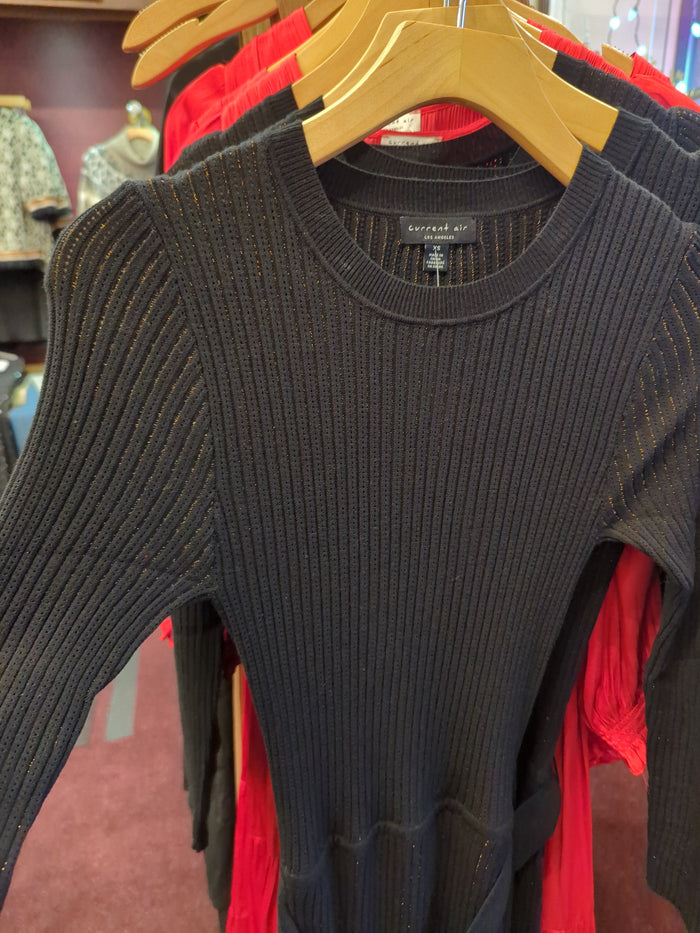 Black gold sweater dress from Current Air featuring a cozy knit design and a stylish, fitted silhouette.