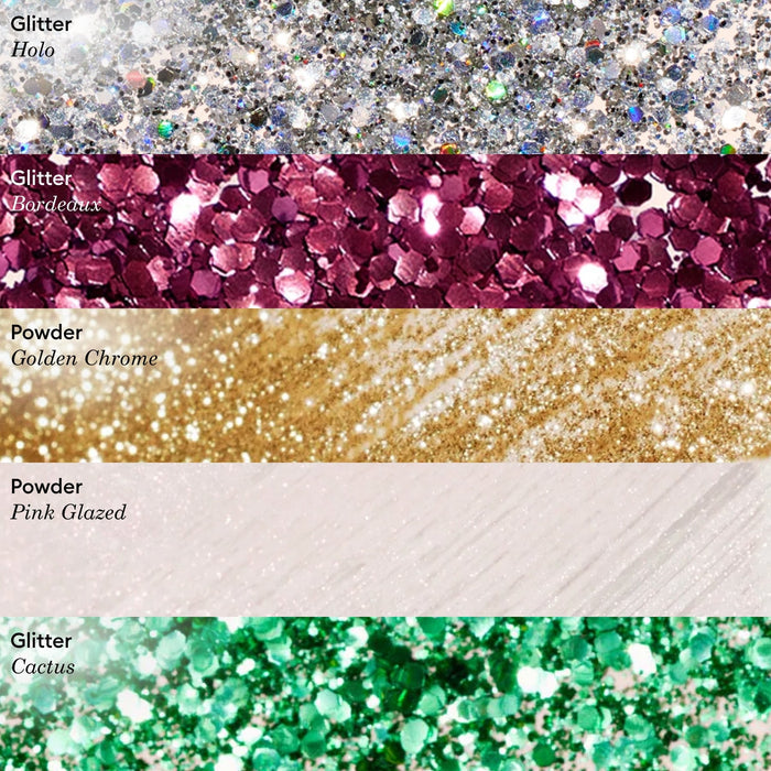Five swatches—holographic silver, deep burgundy Bordeaux Biodegradable Glitter by Manucurist, golden chrome, soft pink glazed, and vibrant green cactus—each labeled by type/name. Features biodegradable glitter for eco-friendly nail lacquer looks.
