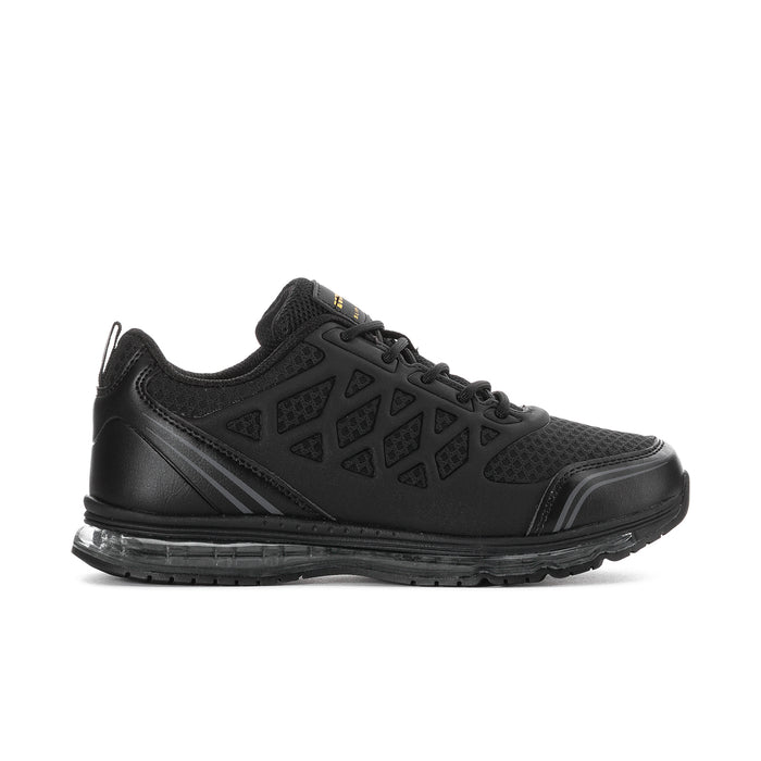 Women's black slip-resistant sneaker with lace-up front and treaded sole