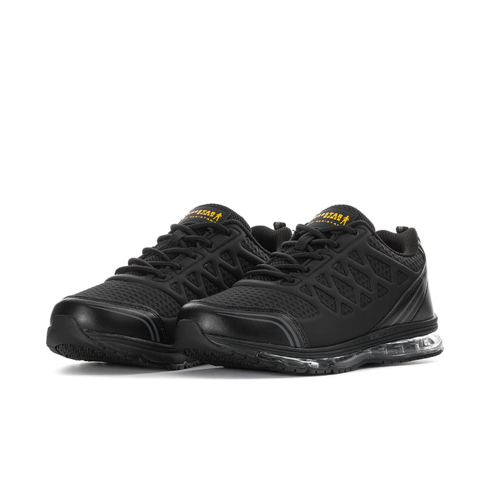 Women's black slip-resistant sneakers, side view pair with air-cushioned sole