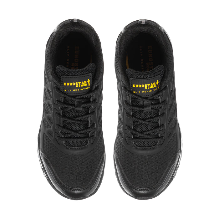 Women's black slip-resistant sneakers with lace-up vamps and yellow tongue logo