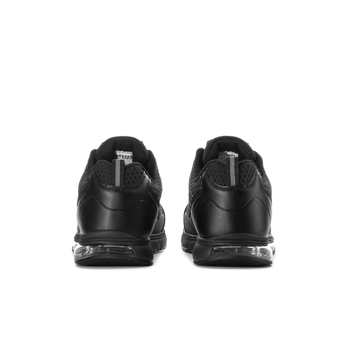 Women's black slip-resistant sneakers rear view with padded heel and tread