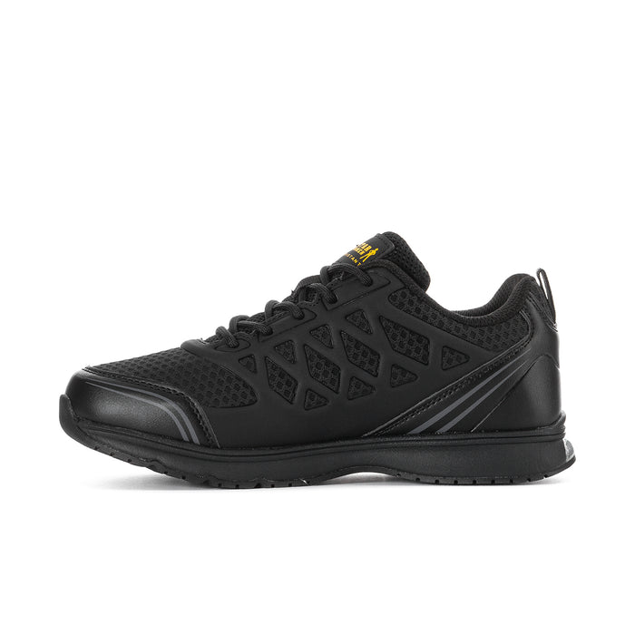 Women's black slip-resistant sneaker angled side view with textured upper and laces
