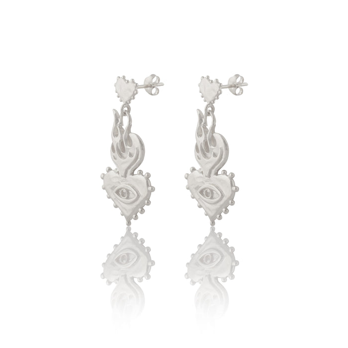 Luna & Rose x Tahnee Kelland ‘Burn It All Down’ silver flaming heart statement earrings, ethically made in Bali from recycled sterling silver side angle