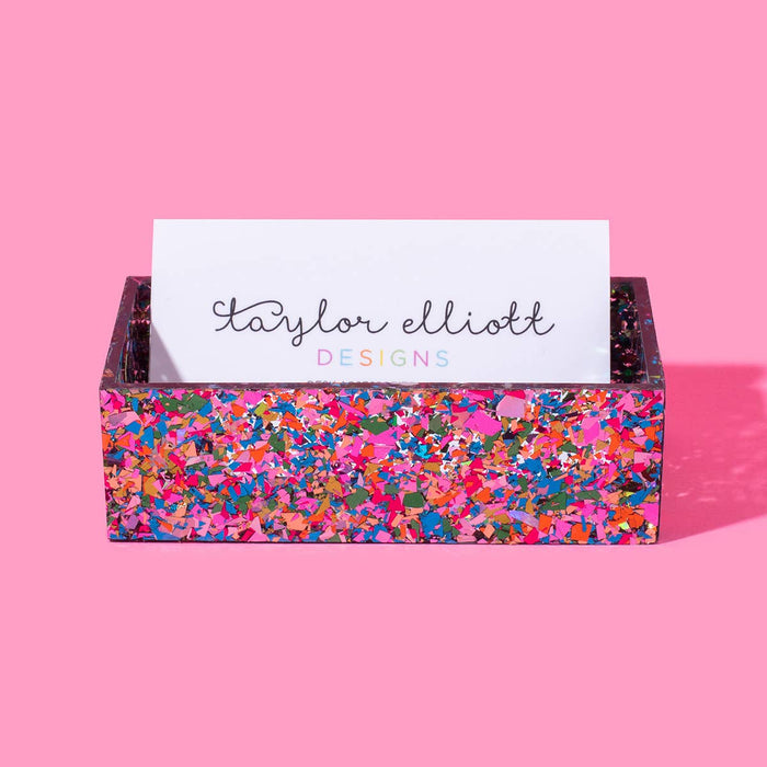 Taylor Elliott Designs colorful confetti business card holder with vibrant, playful design for organizing business cards.
