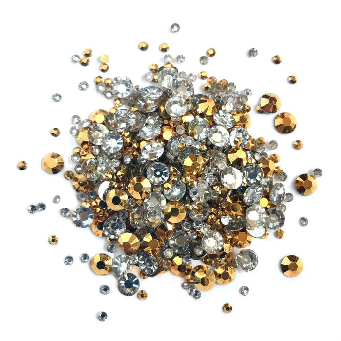 Buttons Galore - Jewelz - 8g - Variety of colours. A mix of 3mm, 5mm & 6mm faceted AB Jewelz. Flat back, jelly bottom rhinestones for jewelry and crafts. Available Colours: Alabaster White, Jet, Hematite, Silver, Gold, Copper, Rainbow, Peridot, Emerald, Light Sapphire, Sapphire, Aquamarine, Capri Blue, Dark Aqua, Light Amethyst, Amethyst, Topaz, Lemon, Orange, Mid Orange, Siam, Fuchsia, Rose, Jet Black. Available at Embellish Away located in Bowmanville Ontario Canada. Gold.