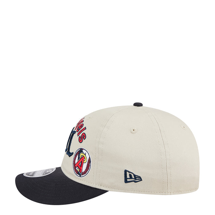 Two-tone baseball cap with Angels circular patch and New Era flag on cream crown