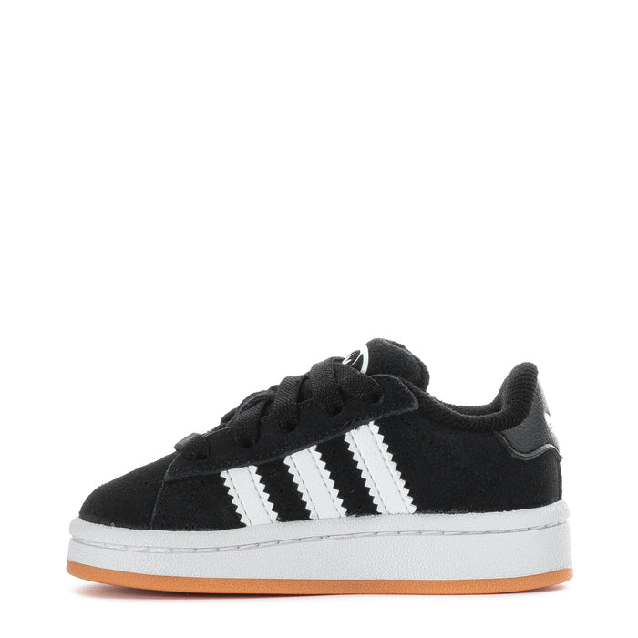 Toddler black sneakers with three white side stripes and lace-up front
