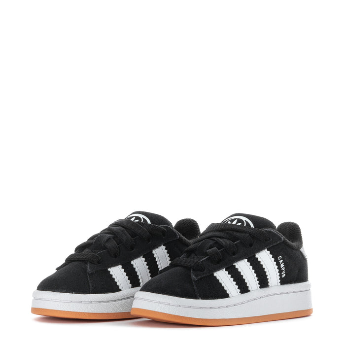 Toddler black low-top sneakers, two pairs shown, with white triple stripes