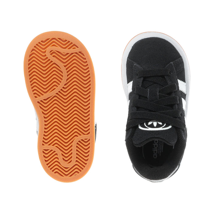 Toddler black sneakers with gum rubber outsole and black lace-up upper
