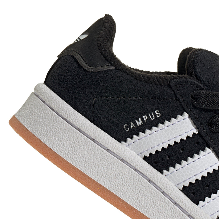 Toddler black sneaker with 'campus' logo on side and white triple stripes