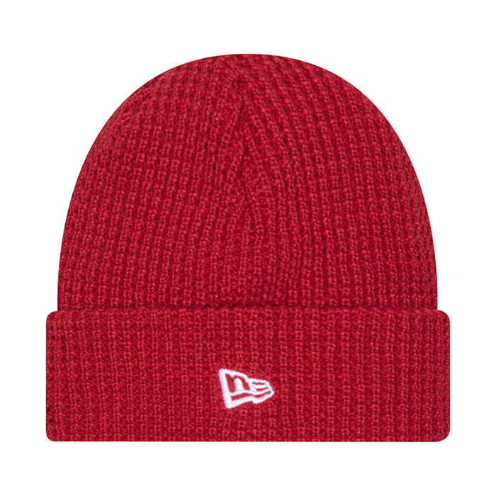 Red knit waffle beanie with New Era logo patch on front cuff