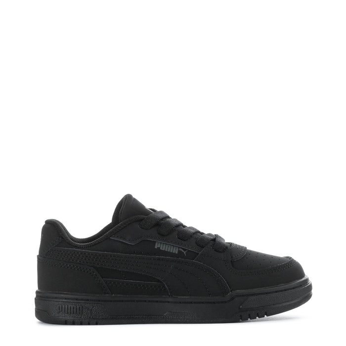 Kids' black low-top sneaker with Puma logo and lace-up front, cushioned sole