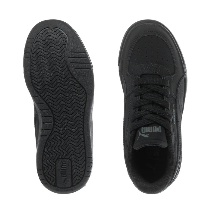Kids' sneaker outsole and heel view, black rubber tread and padded collar