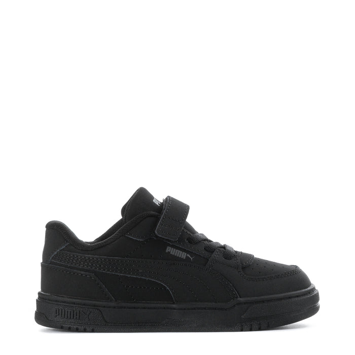 Black toddler sneakers with hook-and-loop strap and PUMA logo, side view.