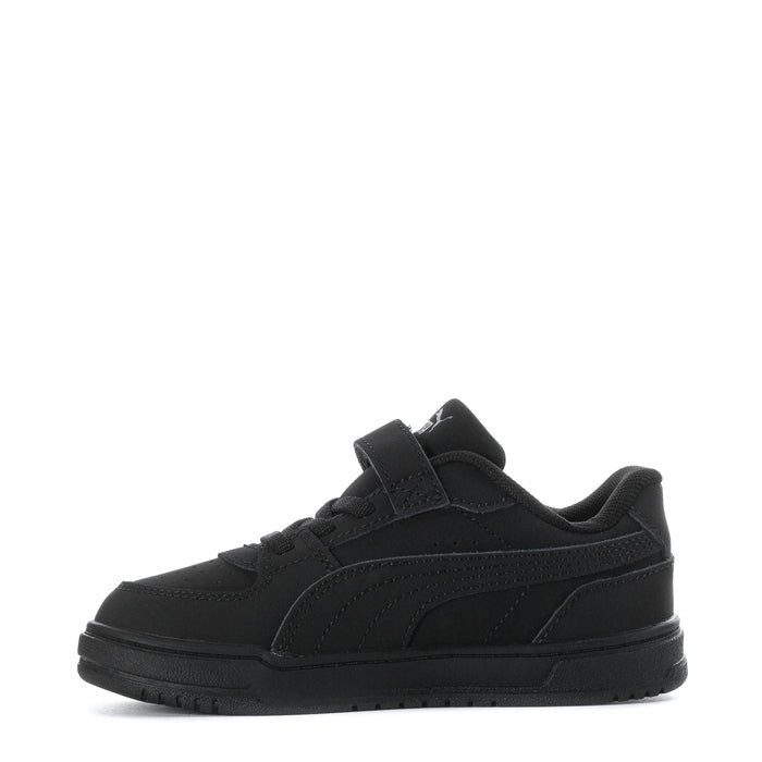 Black toddler sneakers with hook-and-loop strap, angled side view.