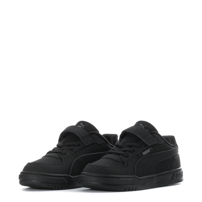 Pair of black toddler sneakers with hook-and-loop straps, front view.