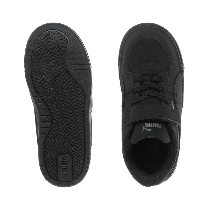 Black toddler sneakers: outsole tread and inner lining view.
