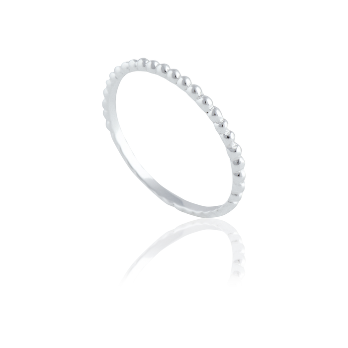Thin silver beaded ring, shown against a white background.