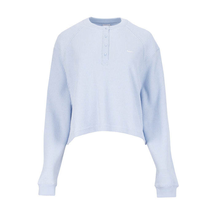 Women’s light blue cropped long-sleeve knit henley top with button placket