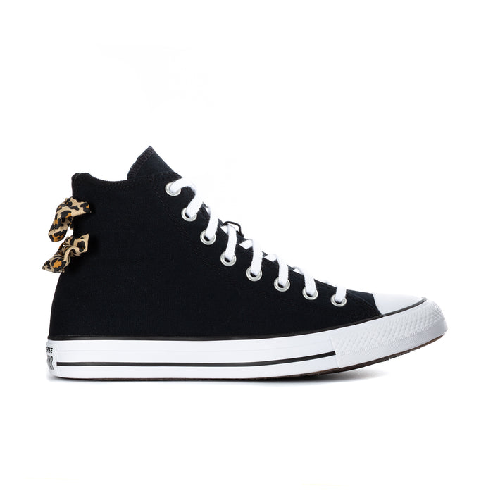 Black high-top sneakers with white laces and leopard bow on the side