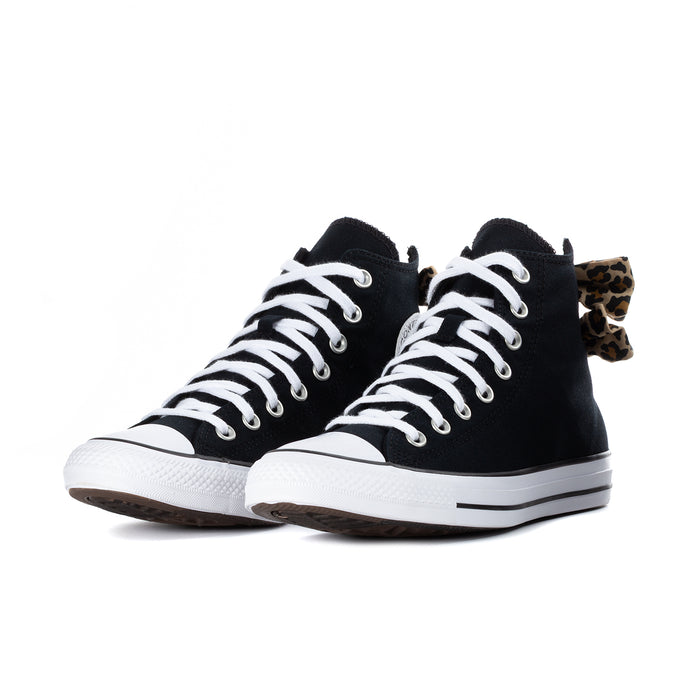 Black womens high-top sneakers with white laces and leopard bow accents