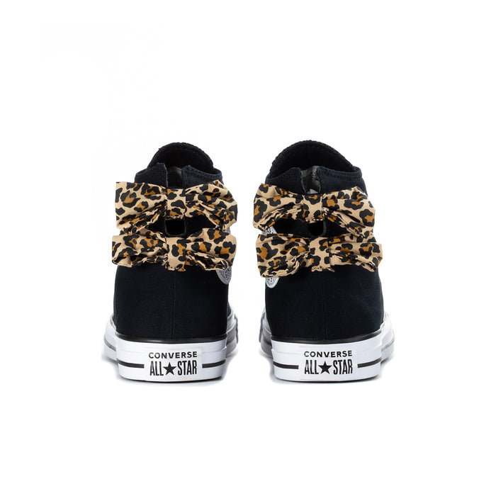 Black high-top sneakers with leopard bow heel detail and white rubber toe cap