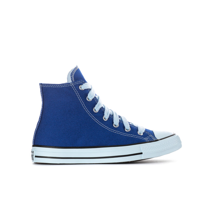 Youth blue high-top canvas sneaker, lace-up with white rubber toe cap