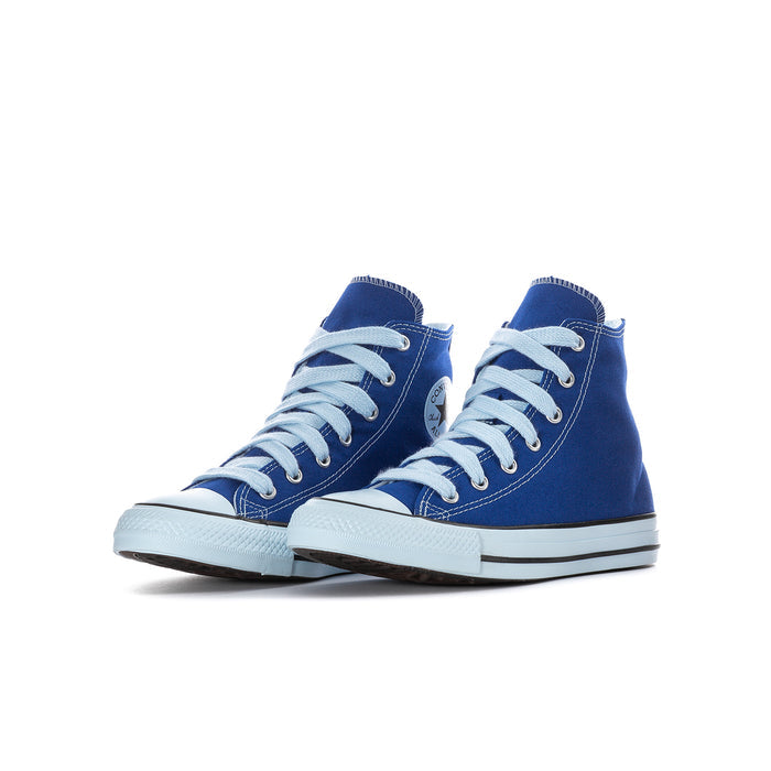 Youth blue high-top canvas sneakers, lace-up, white rubber sole and toe cap