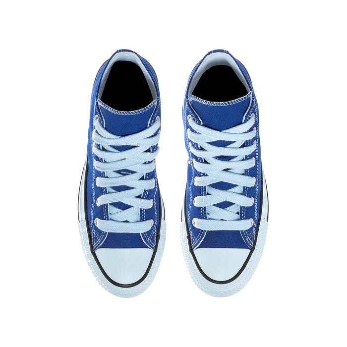 Youth blue high-top canvas sneakers, white laces, dark interior, rubber toe cap