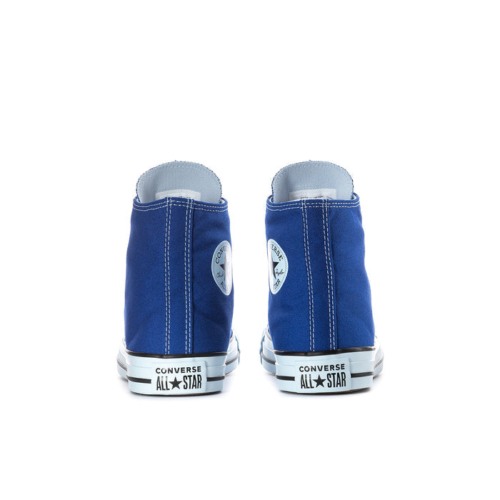 Youth blue high-top canvas sneakers, rear Converse All Star patch, white midsoles