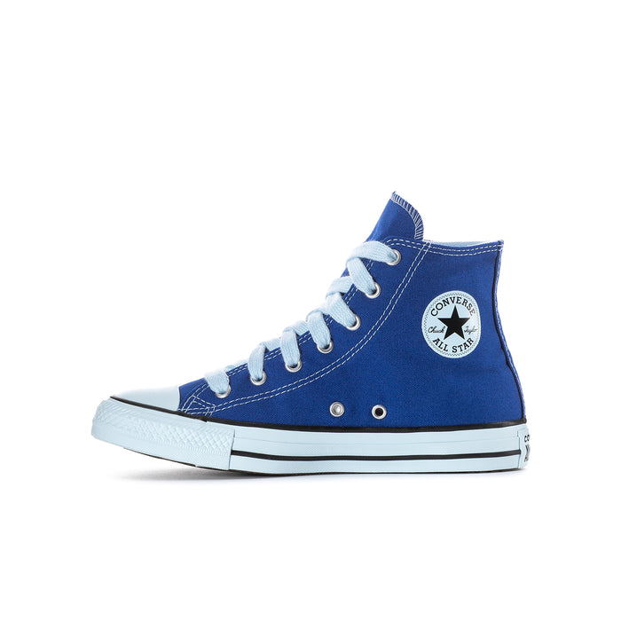 Youth blue high-top canvas sneaker with side star patch, white laces and sole