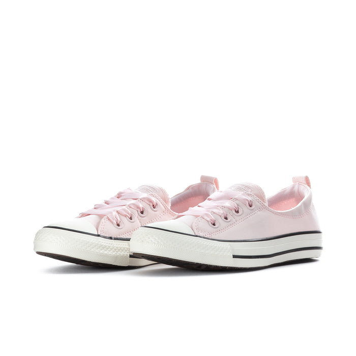 Women's low-top sneakers, light pink uppers, lace-up front, white rubber toe cap