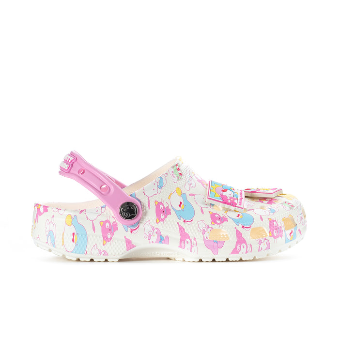 Women’s pastel slip-on clogs with pink slingback and Hello Kitty & Friends pattern detail