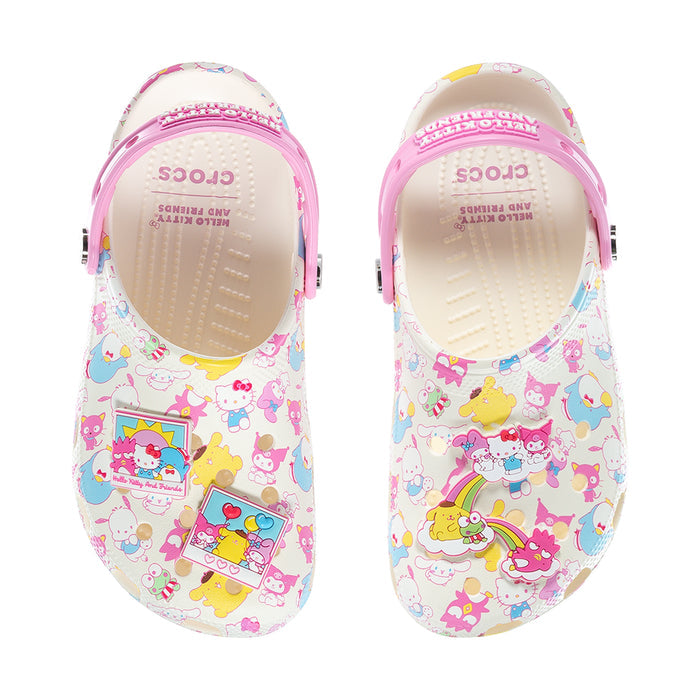 Women’s pastel cartoon slip-on clogs with pink heel strap and Hello Kitty & Friends print