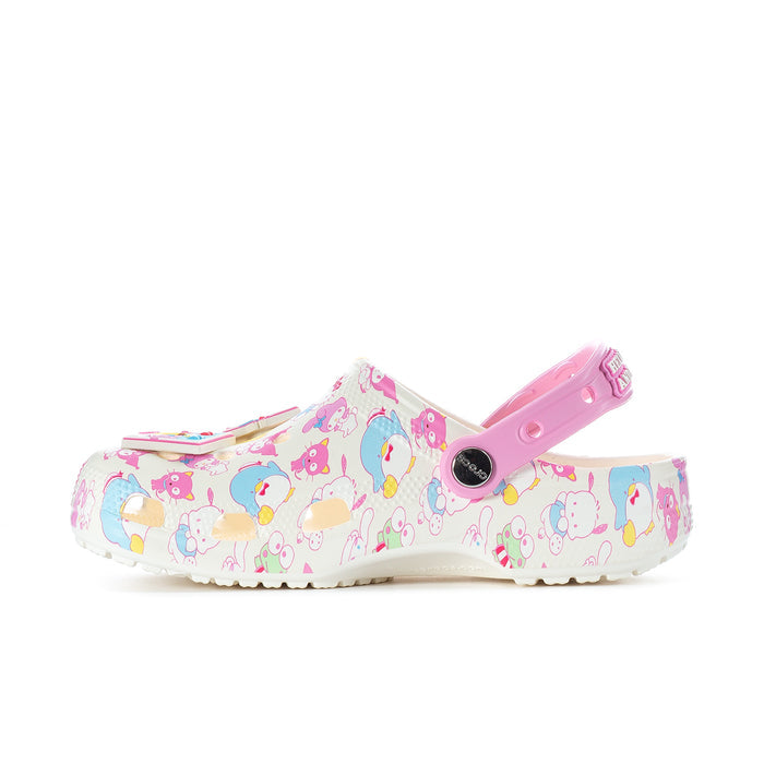 Women’s pastel slip-on clogs with pink slingback and colorful Hello Kitty & Friends print