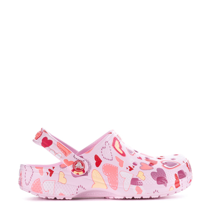 Youth pink clog with heart and doodle pattern, side ventilation holes