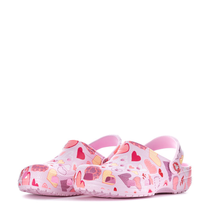 Youth pink heart-pattern clog with open heel and rounded toe