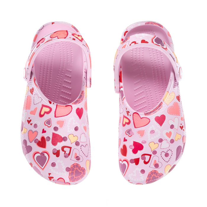 Youth pink heart-pattern clog with textured pink interior sole