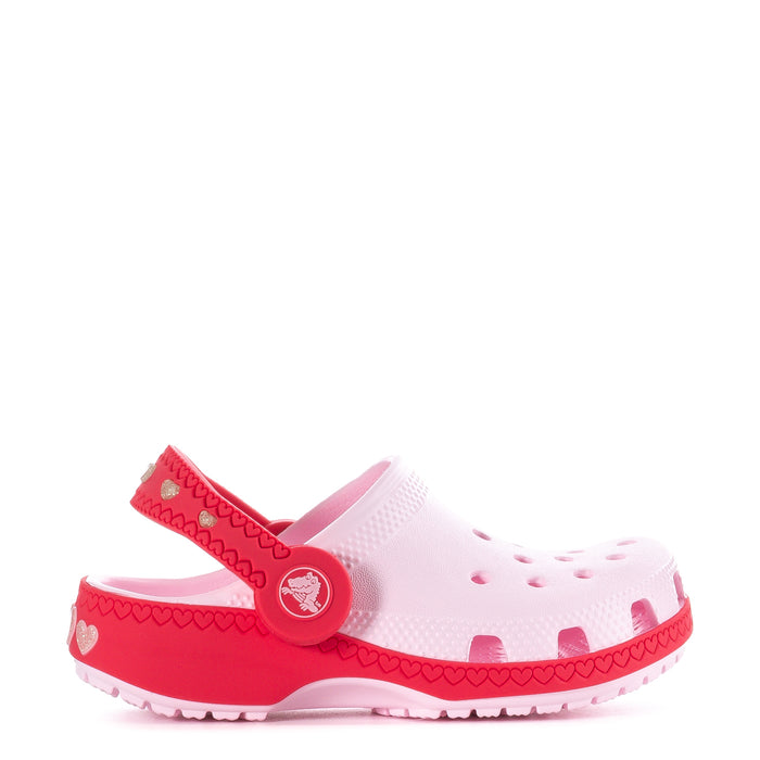 Toddler white and pink clog with red back strap and heart trim