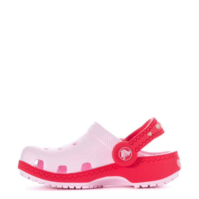 Toddler white perforated clog with red backstrap and heart-pattern trim