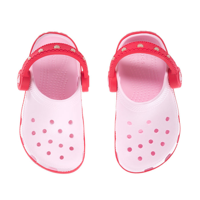 Toddler white slip-on clog with red heel strap and pink dot ventilation
