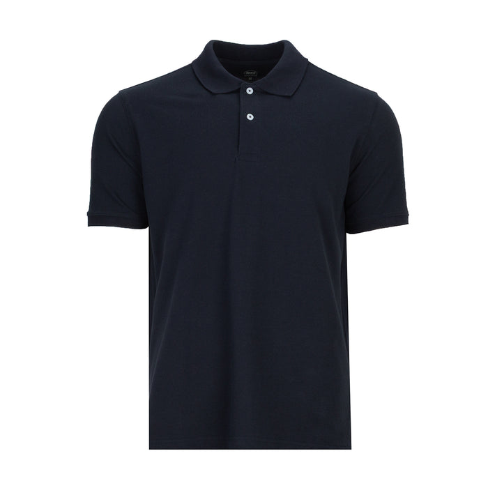 Men's navy pique polo shirt, short sleeves, buttoned collar placket