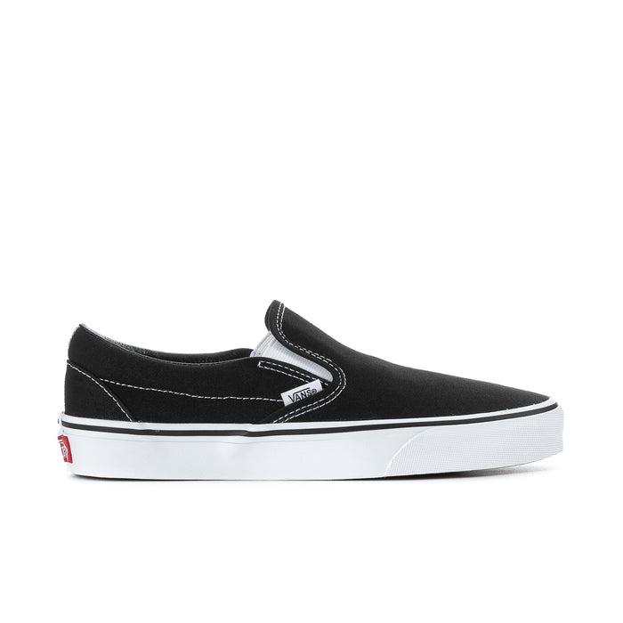 Black slip-on sneakers with white rubber sole and side V logo detail