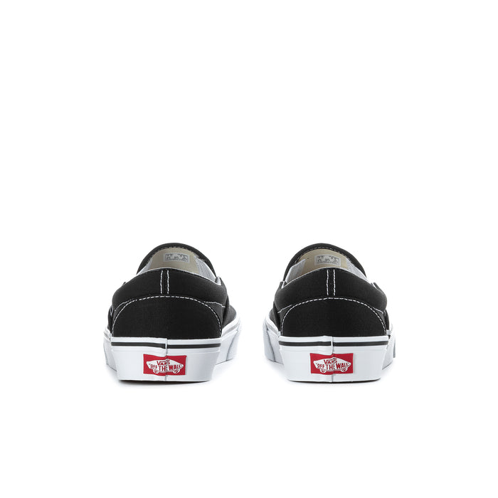 Black slip-on sneakers with white heel tab and Vans heel logo patches